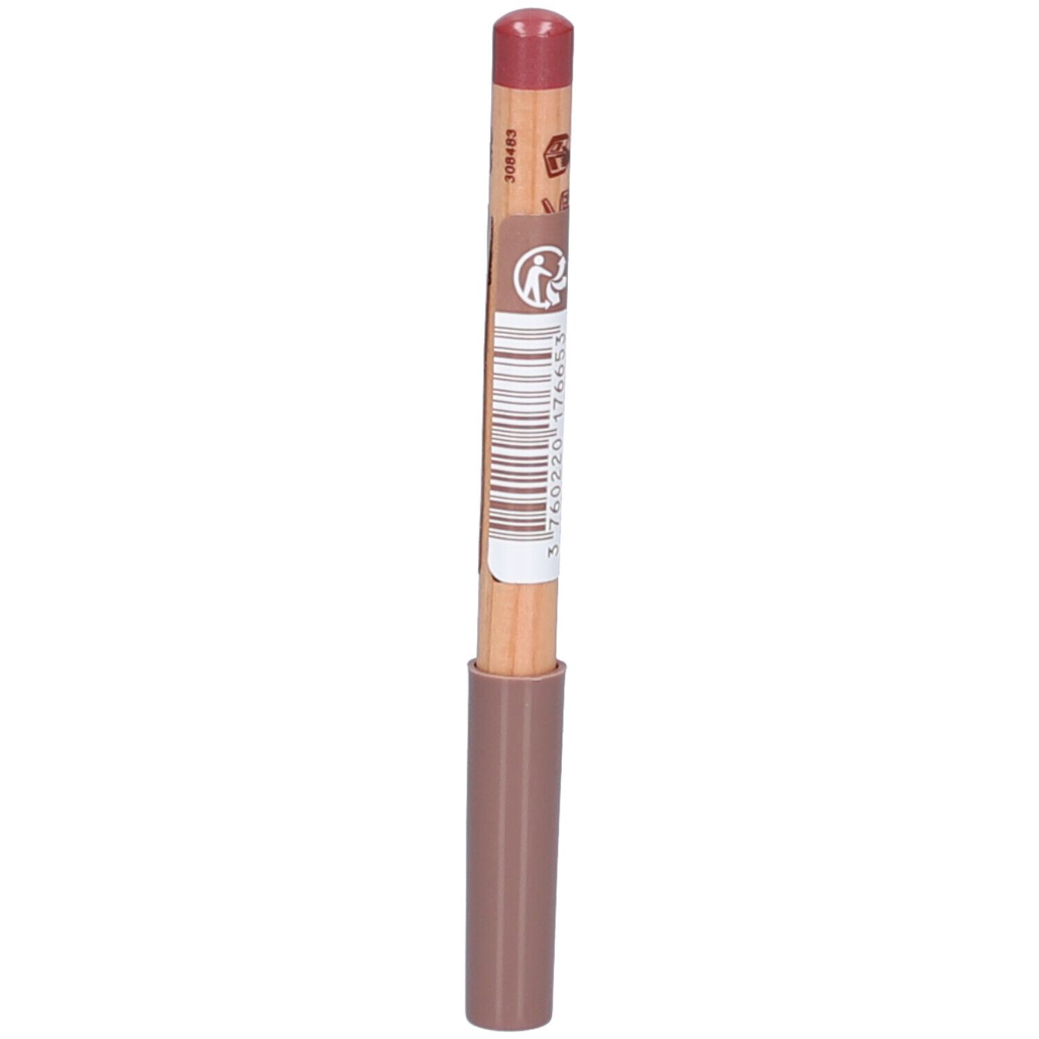 Lippenstift in Rosenholz-Farbe. Holzstift mit rosafarbenem Lippenstift. Unterteil und Kappe in Rosa. Aufschrift auf dem Stift.