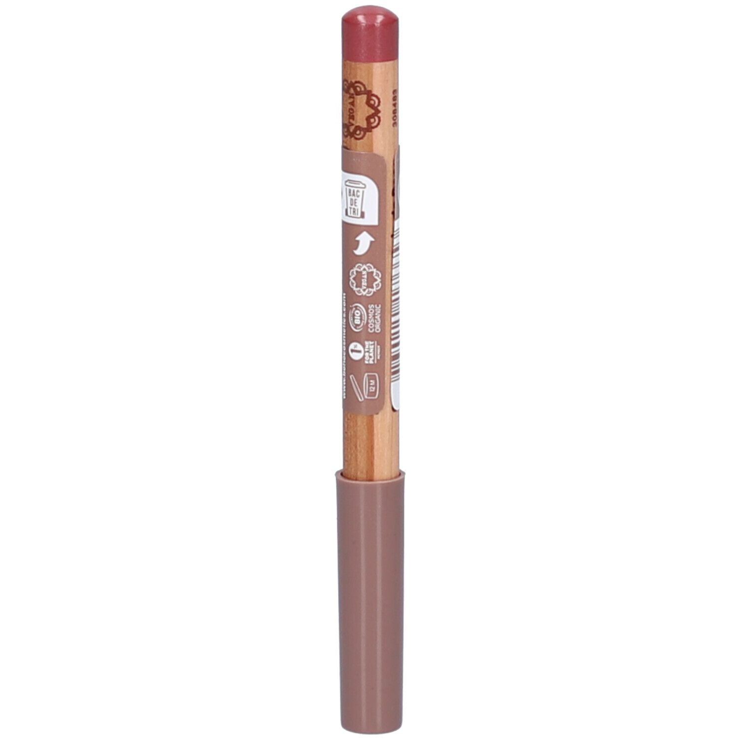Lippenstift in Rosenholz-Farbe. Holzstift mit rosafarbenem Lippenstift. Unterteil und Kappe in Rosa. Aufschrift auf dem Stift.