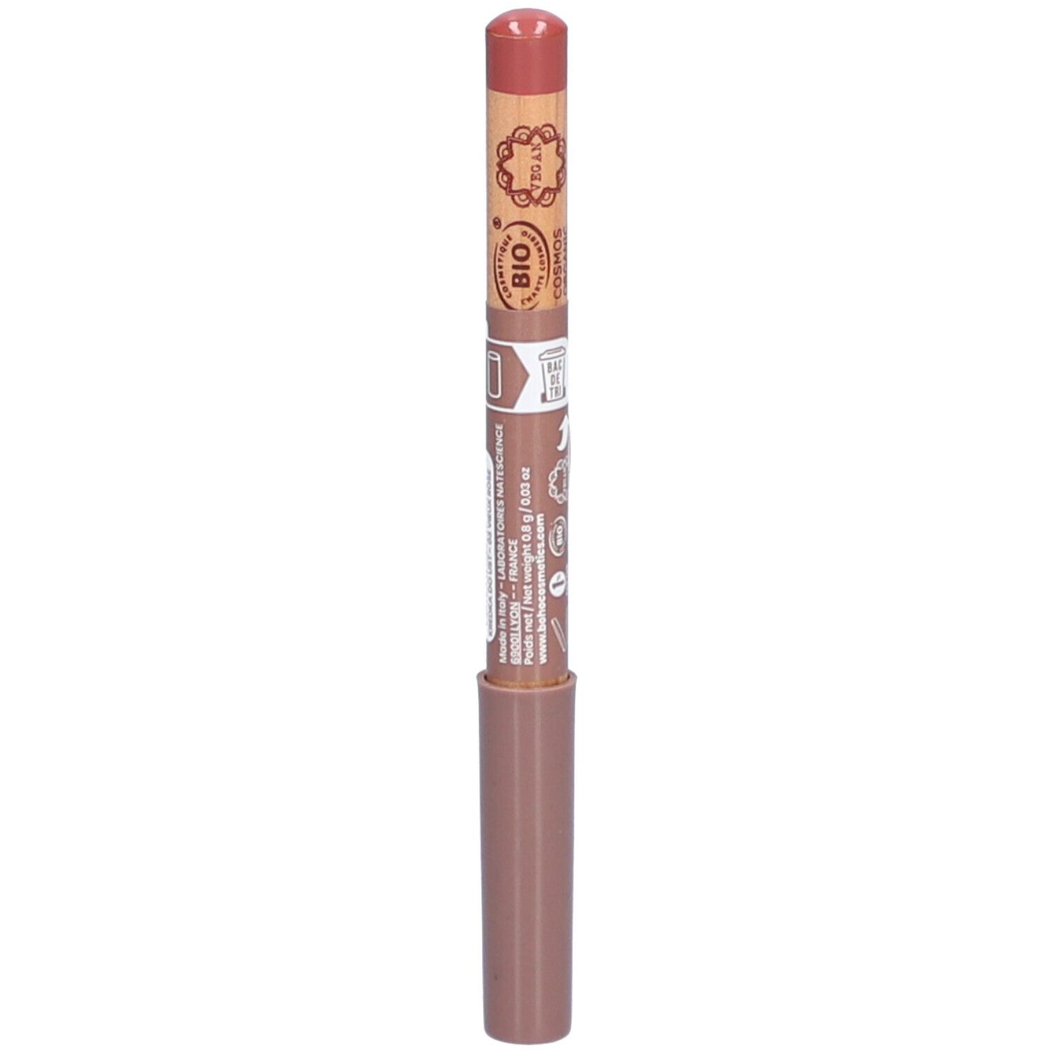 Crayon à lèvres Vieux Rose. Crayon en bois avec extrémité rose et corps marron. Certification bio visible.