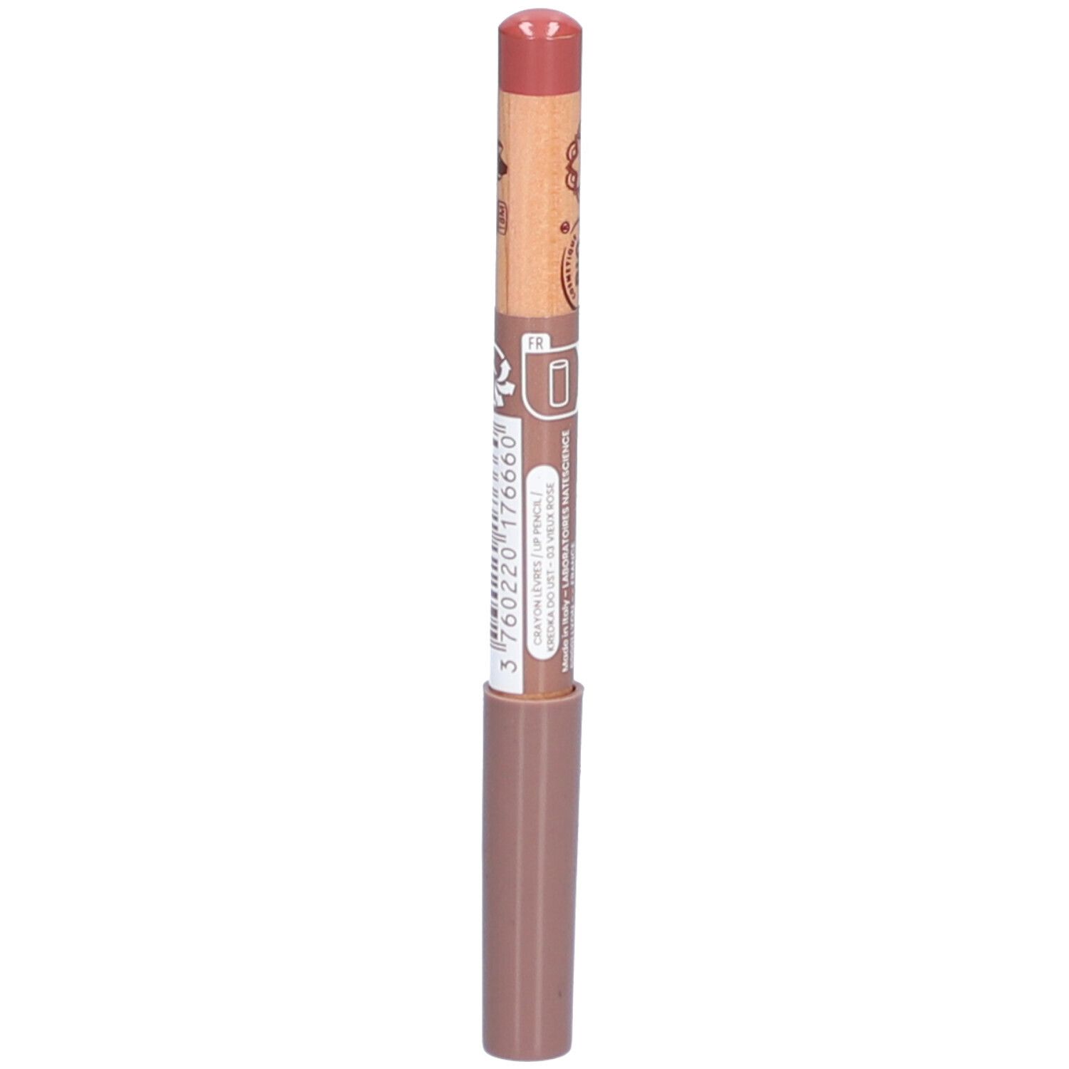 Crayon à lèvres Vieux Rose. Crayon en bois avec extrémité rose et corps marron. Code-barres et texte sur le corps.