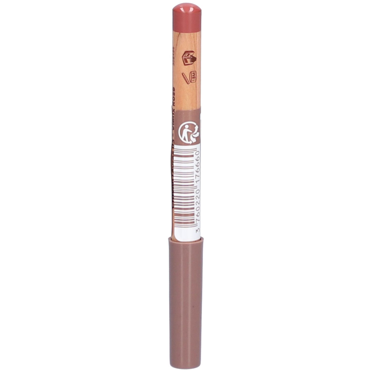 Crayon à lèvres Vieux Rose. Crayon en bois avec extrémité rose et corps marron. Code-barres et texte sur le corps.