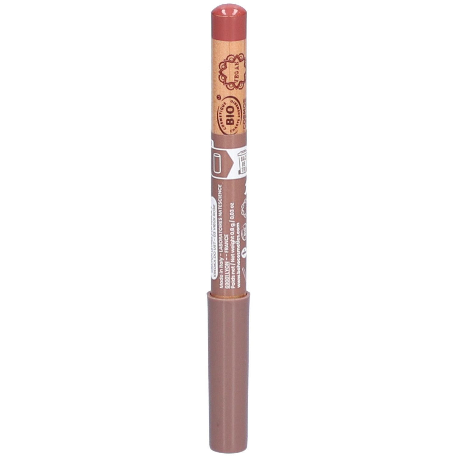 Crayon à lèvres Vieux Rose. Crayon en bois avec extrémité rose et corps marron. Certification bio et texte.