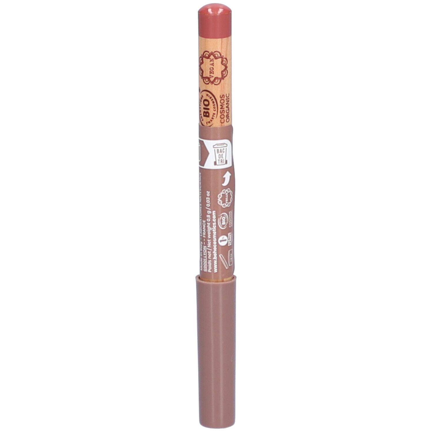 Crayon à lèvres Vieux Rose. Crayon en bois avec extrémité rose et corps marron. Certification bio et texte.