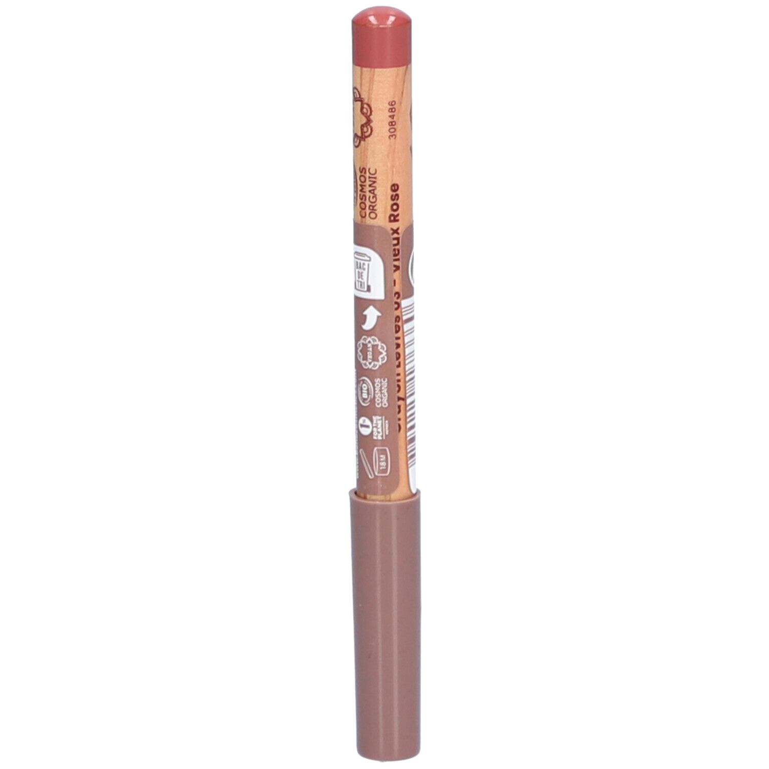 Crayon à lèvres Vieux Rose. Crayon en bois avec extrémité rose et corps marron. Texte: Vieux Rose, Cosmos Organic.
