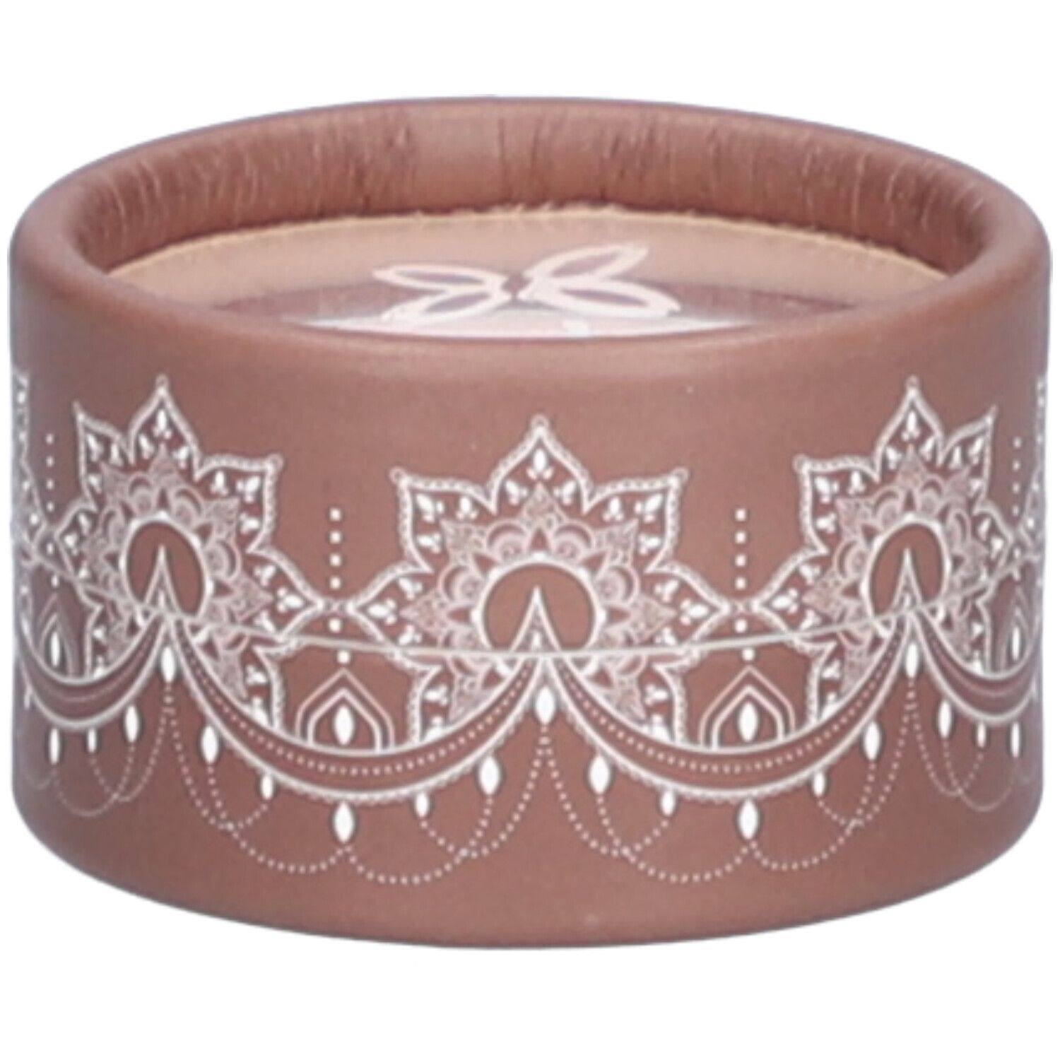 Contenant rond brun avec motif floral blanc. Inscription en haut. Couvercle avec bord marron.