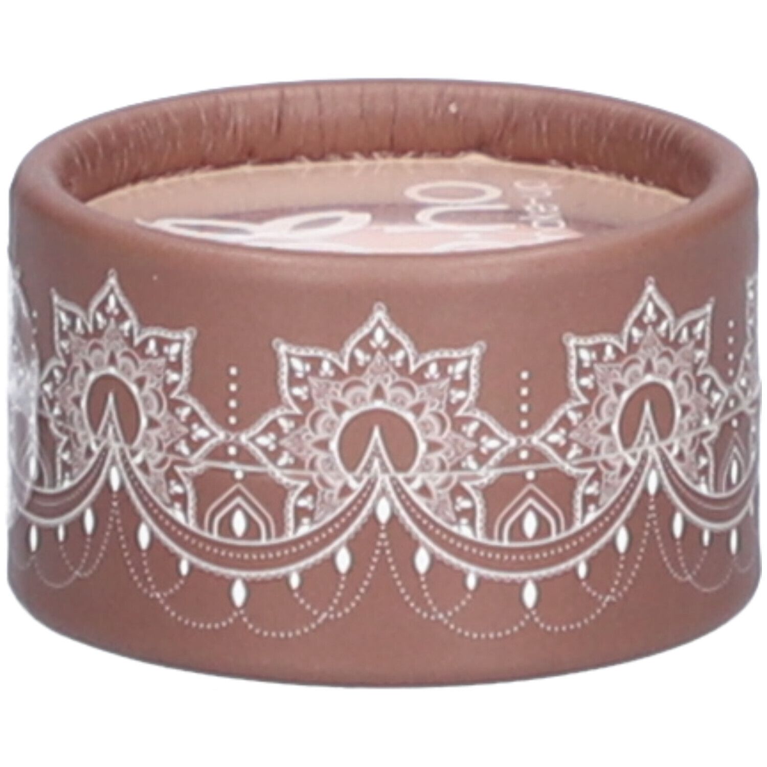 Contenant rond brun avec motif floral blanc. Inscription en haut. Couvercle avec bord marron.