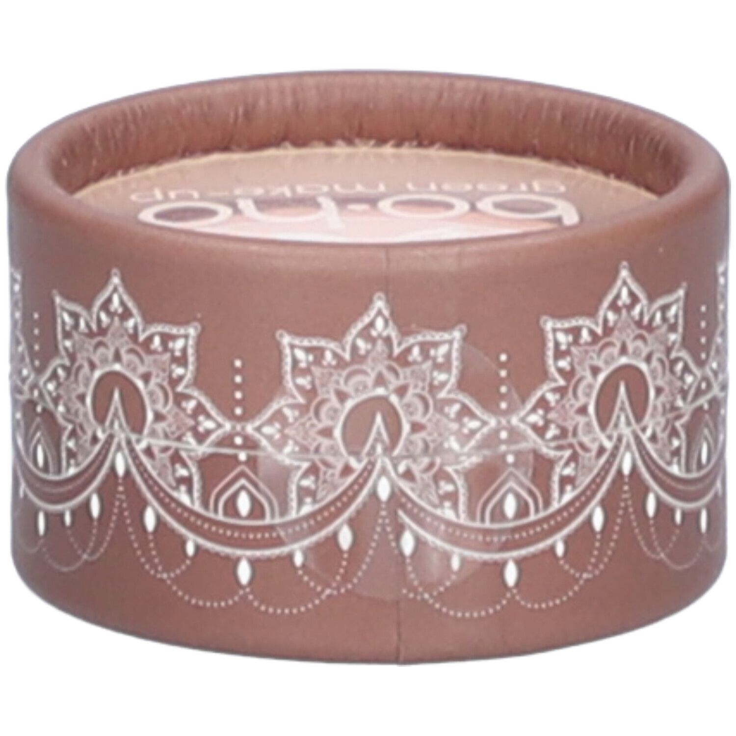 Contenant rond brun avec motif floral blanc. Inscription en haut. Couvercle avec bord marron.