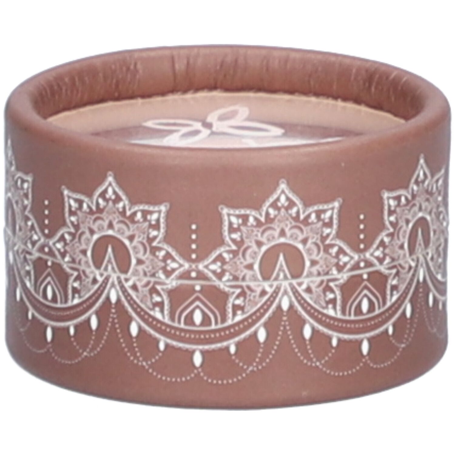 Contenant rond brun avec motif floral blanc. Inscription en haut. Couvercle avec bord marron.