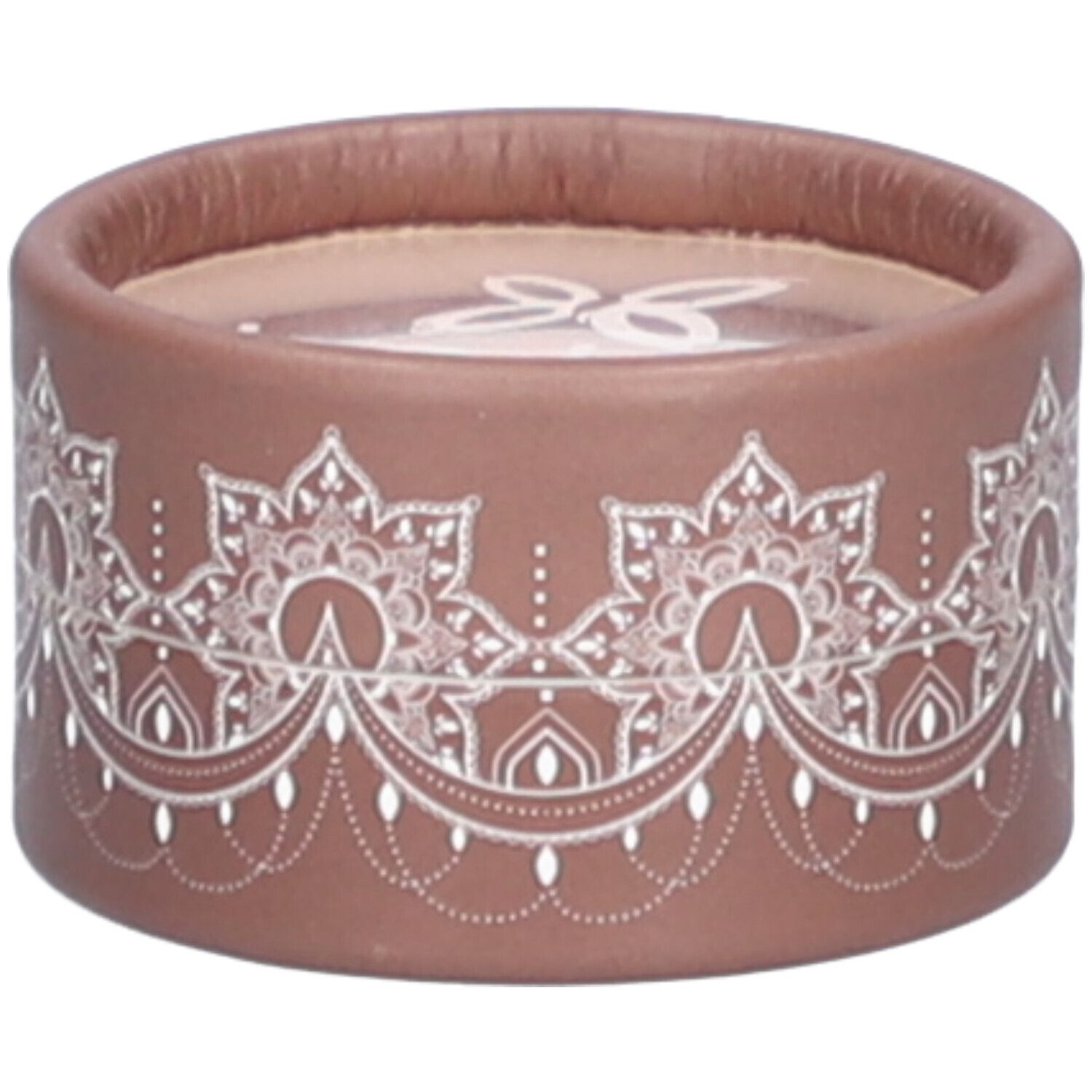 Contenant rond brun avec motif floral blanc. Inscription en haut. Couvercle avec bord marron.