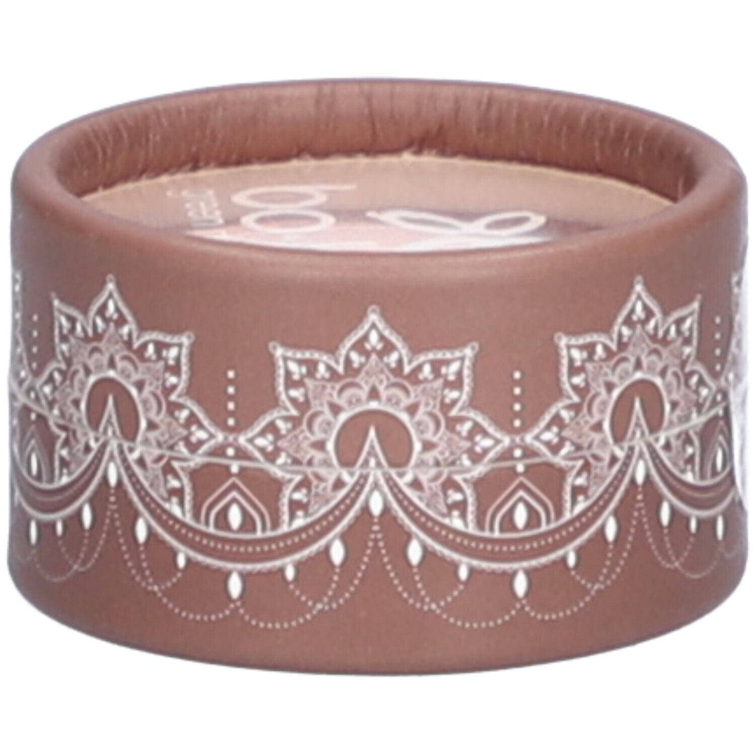 Contenant rond brun avec motif floral blanc. Inscription en haut. Couvercle avec bord marron.