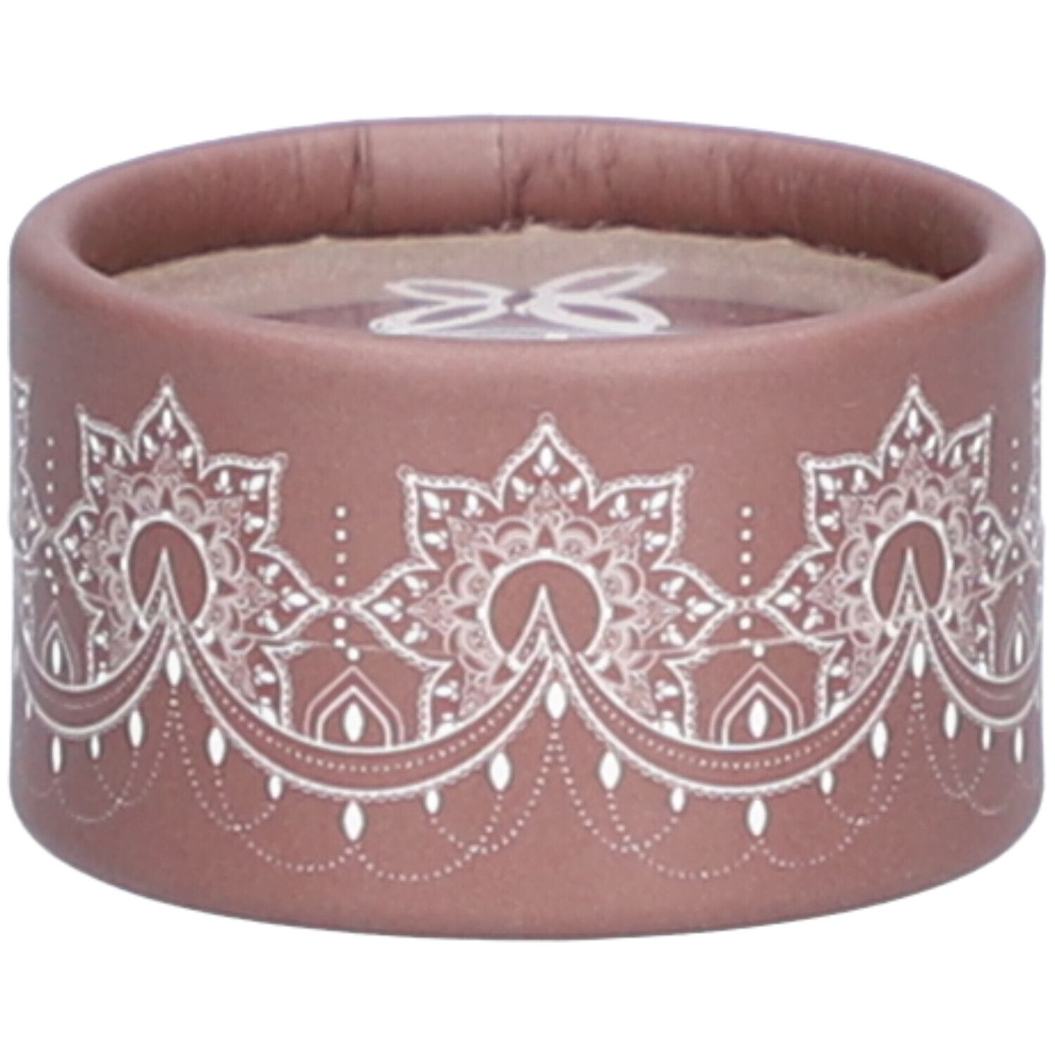 Contenant rond brun avec motif floral blanc. Logo visible sur le dessus.