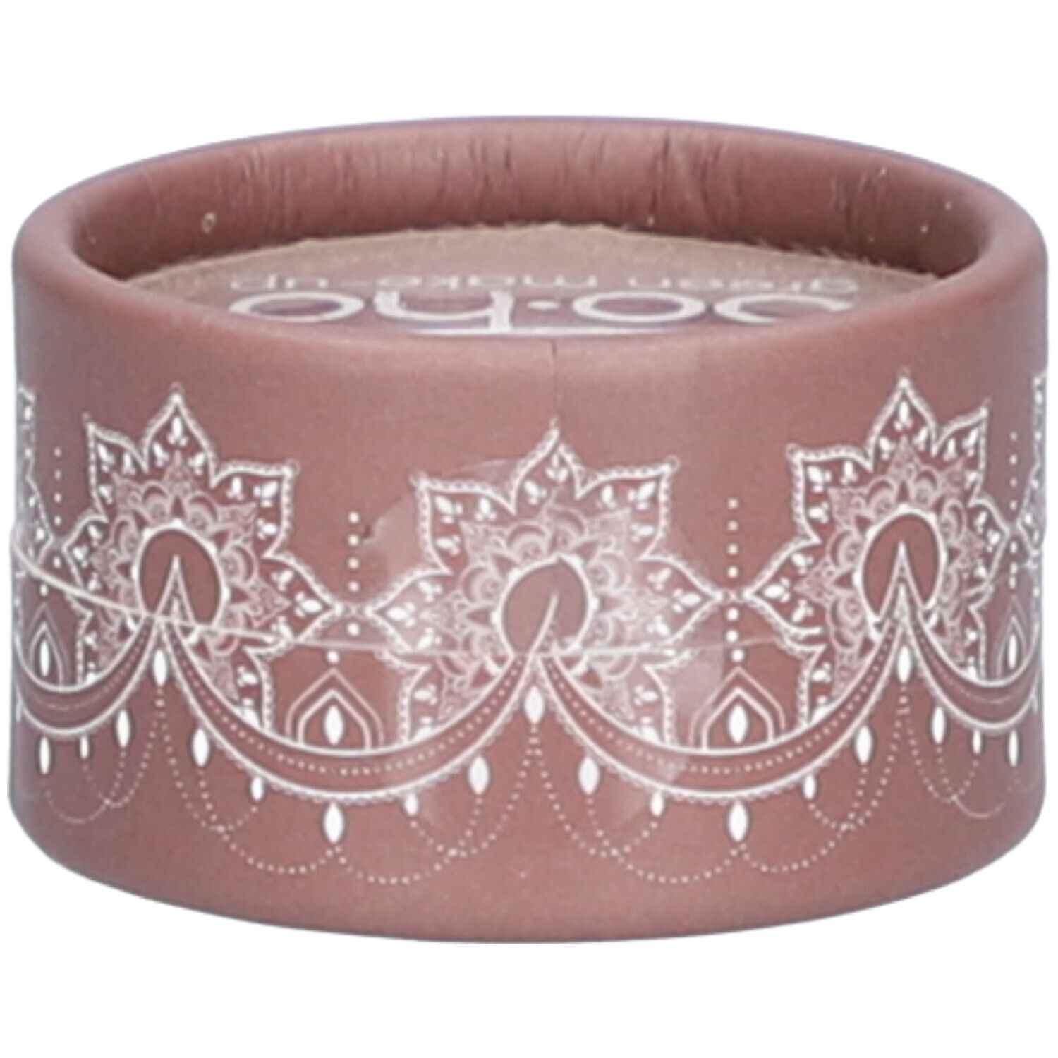 Contenant rond brun avec motif floral blanc. Logo visible sur le dessus.