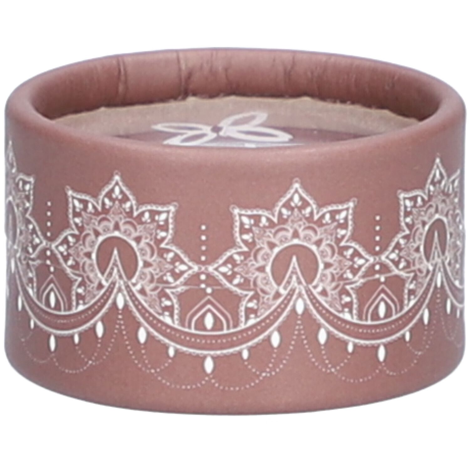 Contenant rond brun avec motif floral blanc. Logo visible sur le dessus.