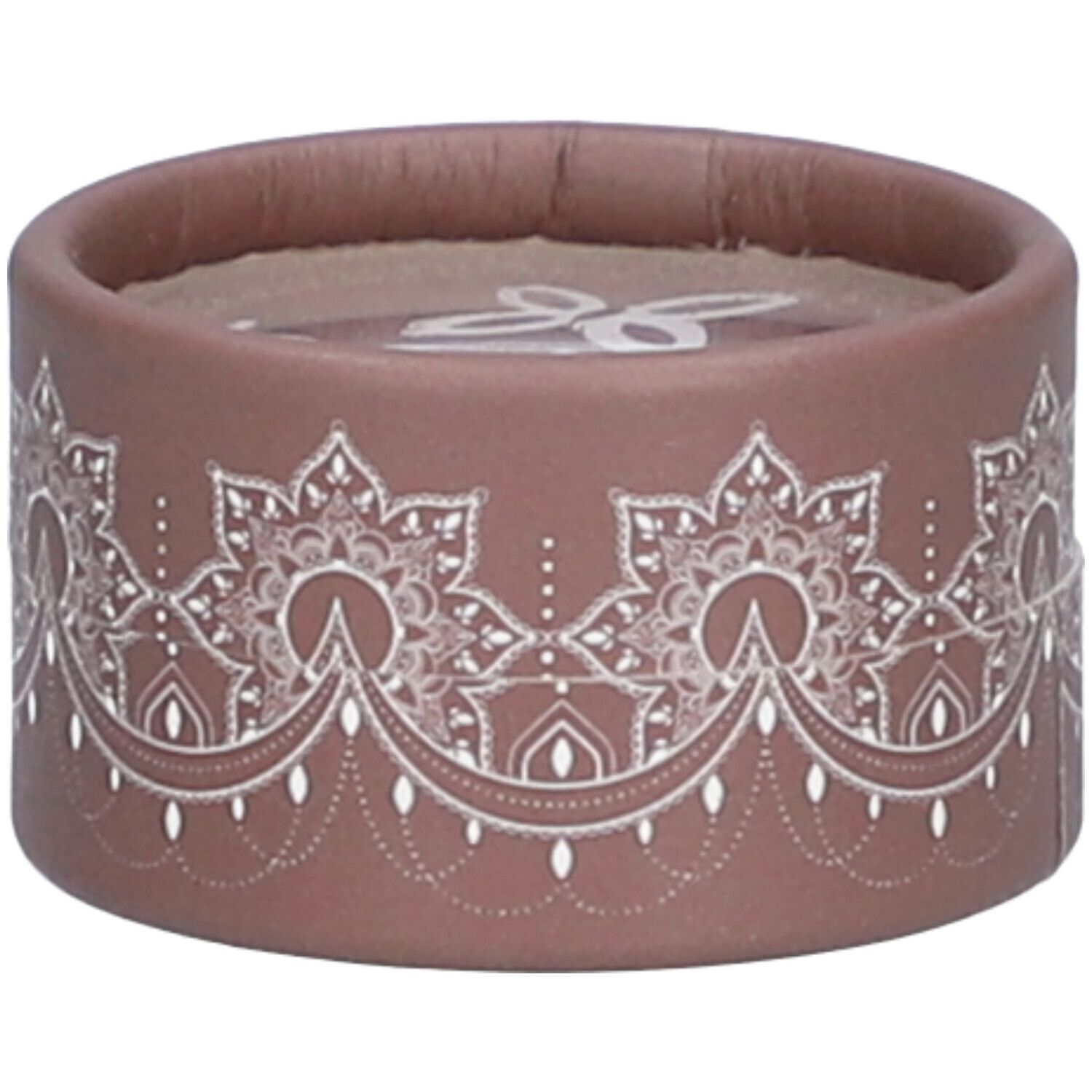 Contenant rond brun avec motif floral blanc. Logo visible sur le dessus.