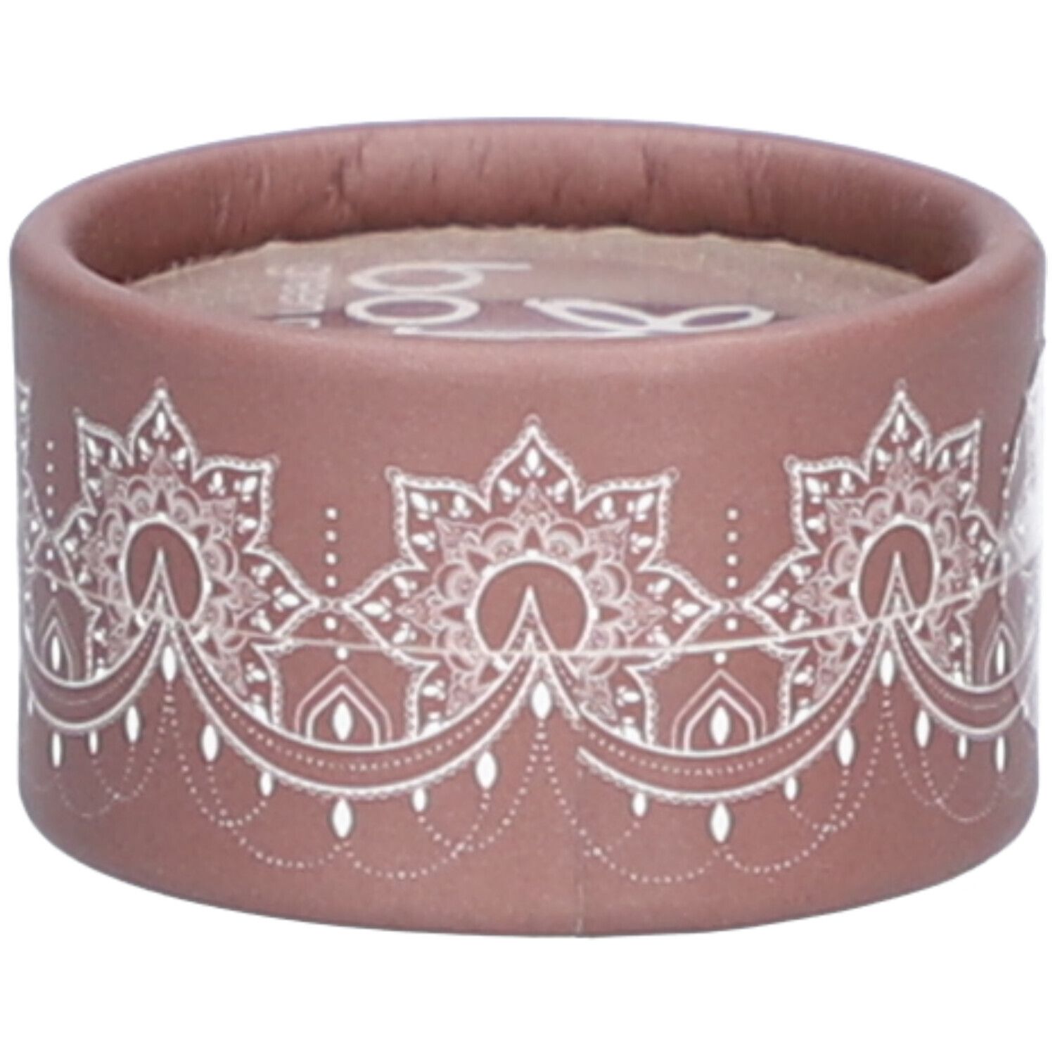 Contenant rond brun avec motif floral blanc. Logo visible sur le dessus.
