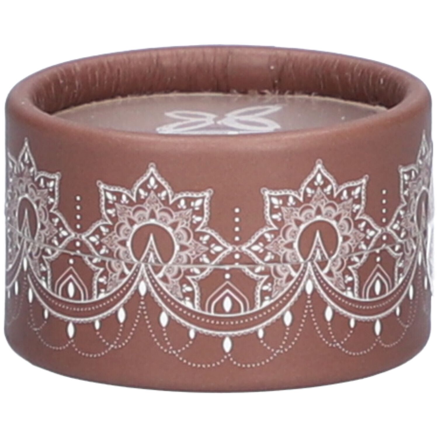 Contenant rond brun avec motif floral blanc. Logo visible sur le dessus.
