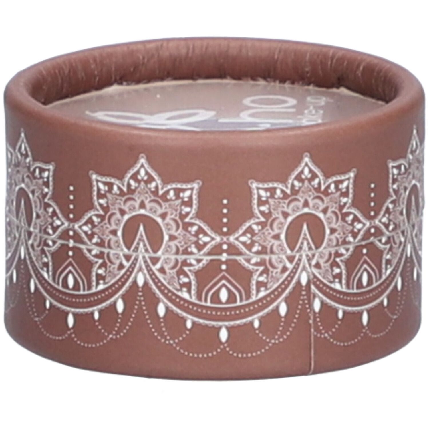 Contenant rond brun avec motif floral blanc. Logo visible sur le dessus.