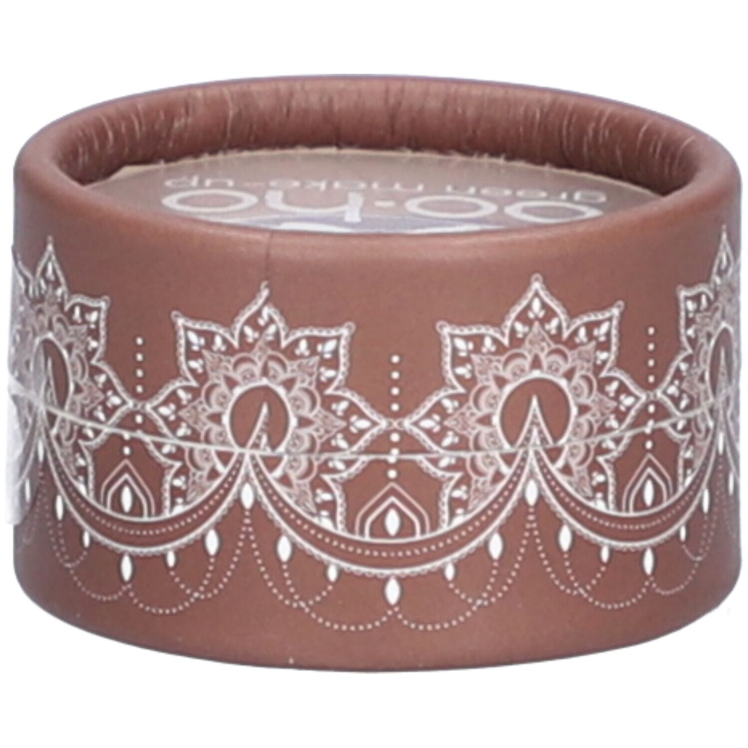Contenant rond brun avec motif floral blanc. Logo visible sur le dessus.