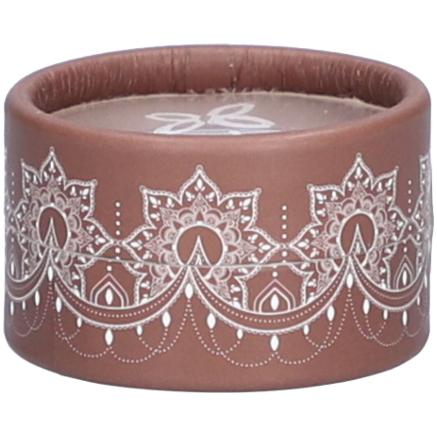 Contenant rond brun avec motif floral blanc. Logo visible sur le dessus.