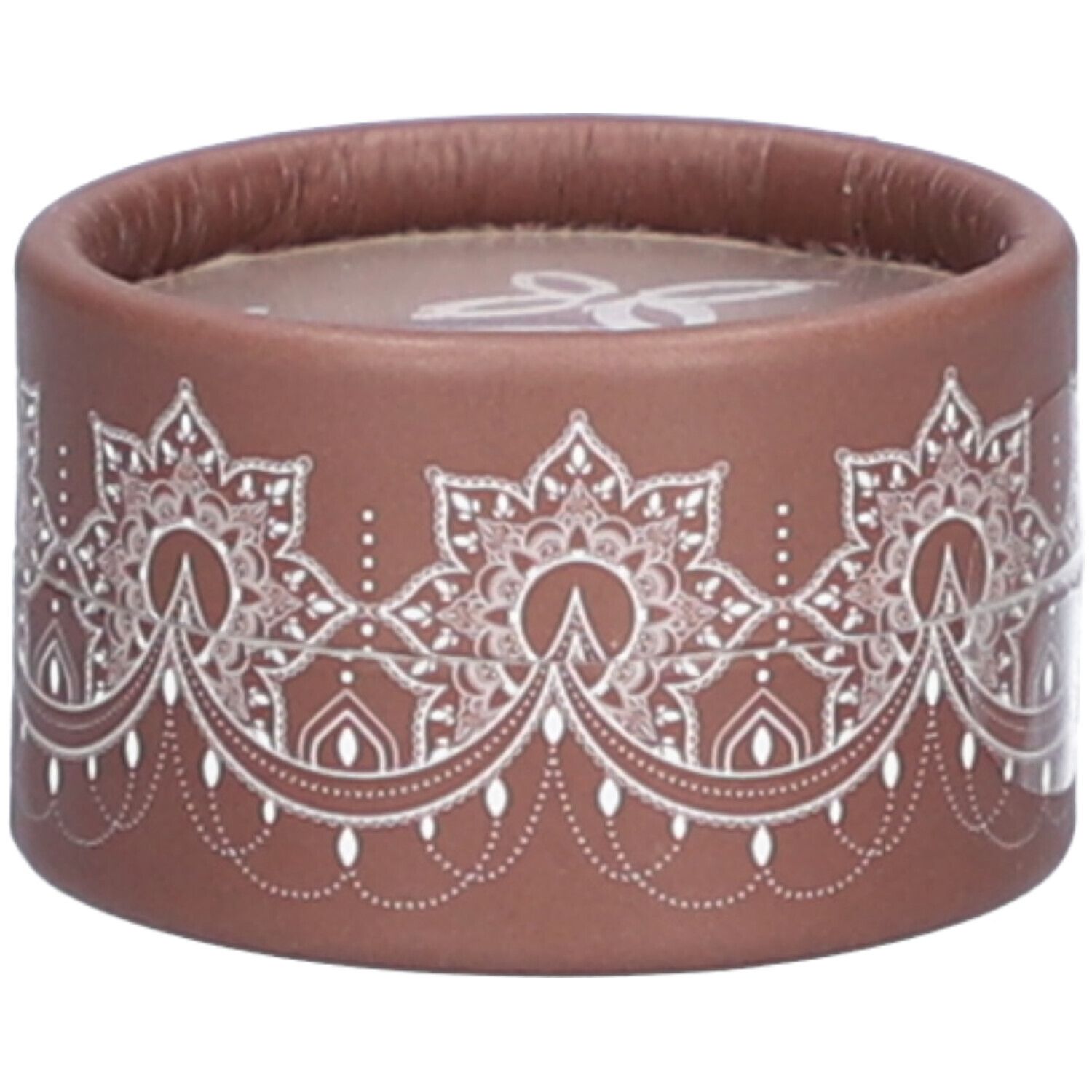 Contenant rond brun avec motif floral blanc. Logo visible sur le dessus.