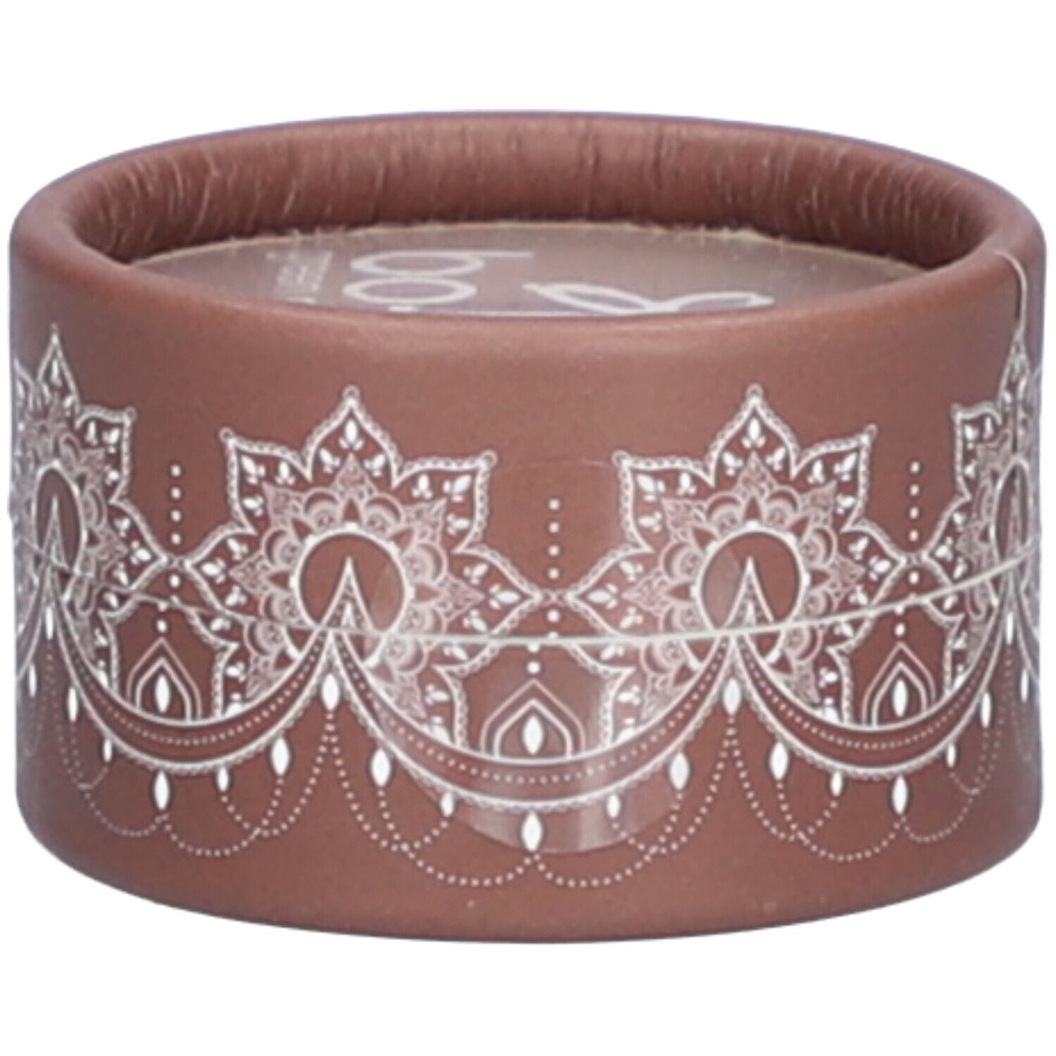 Contenant rond brun avec motif floral blanc. Logo visible sur le dessus.