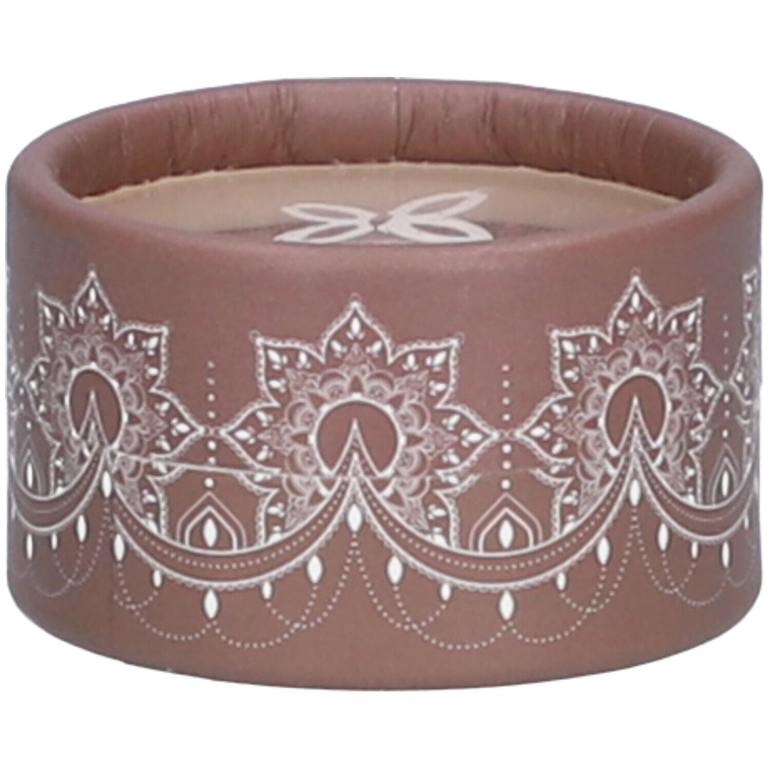 Contenant rond brun avec motif floral blanc. Logo blanc sur le couvercle. Emballage cosmétique.
