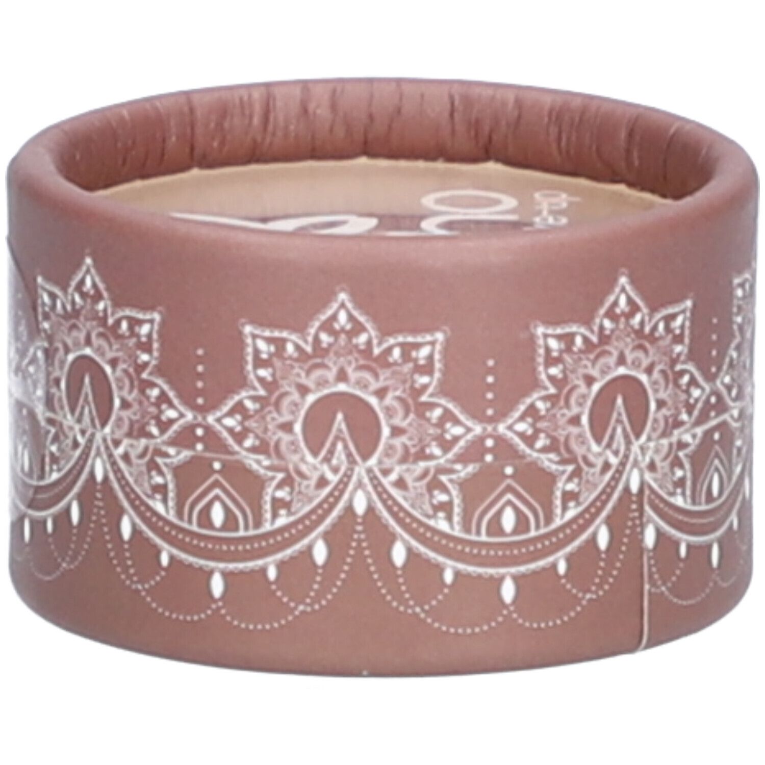 Contenant rond brun avec motif floral blanc. Logo blanc sur le couvercle. Emballage cosmétique.