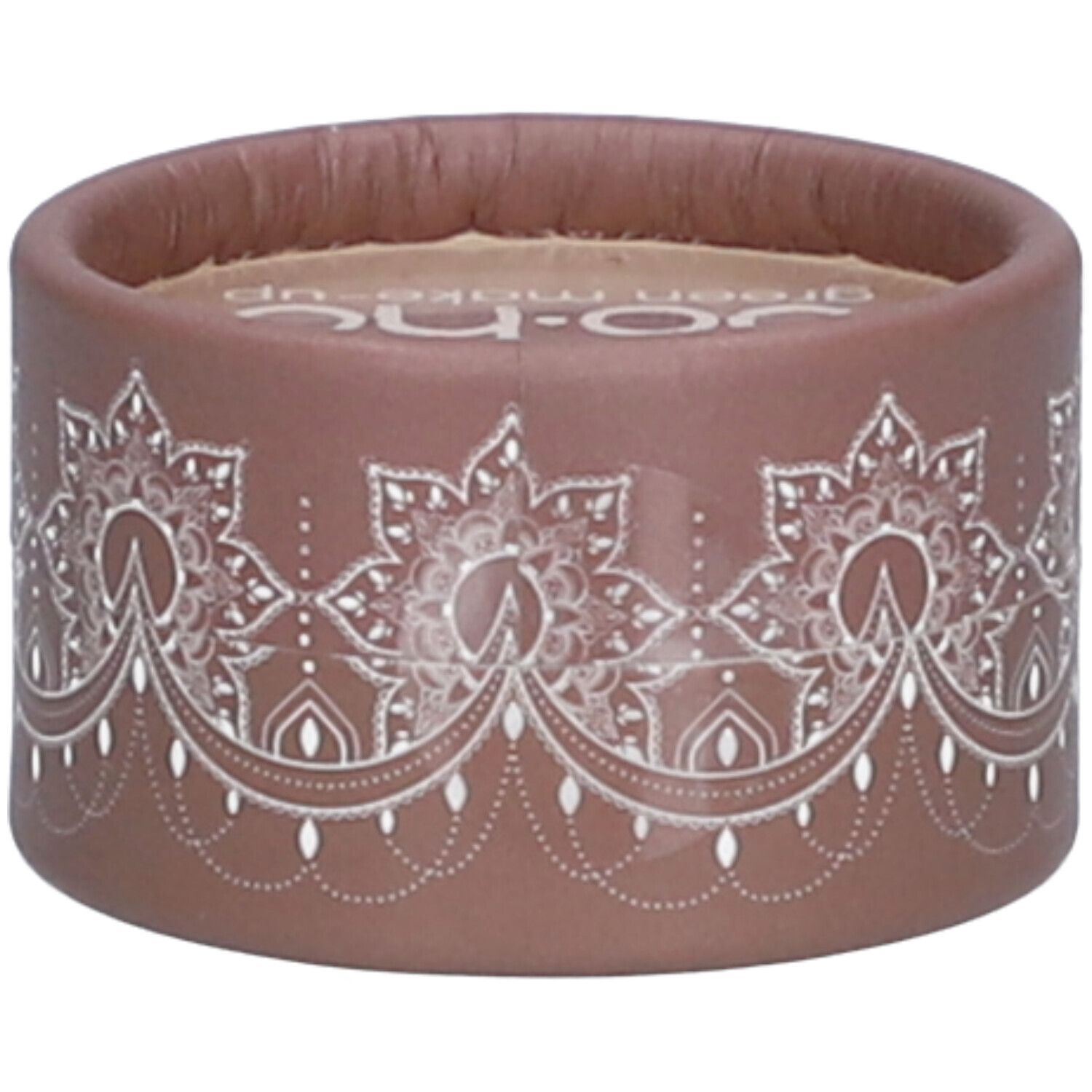 Contenant rond brun avec motif floral blanc. Logo blanc sur le couvercle. Emballage cosmétique.