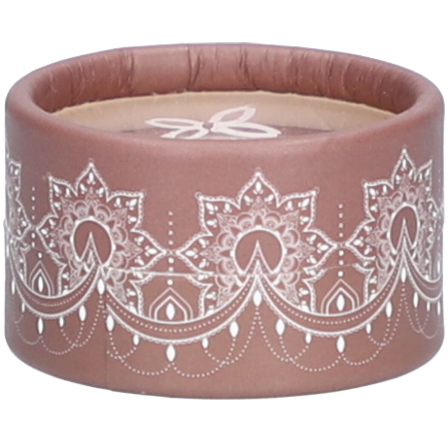 Contenant rond brun avec motif floral blanc. Logo blanc sur le couvercle. Emballage cosmétique.