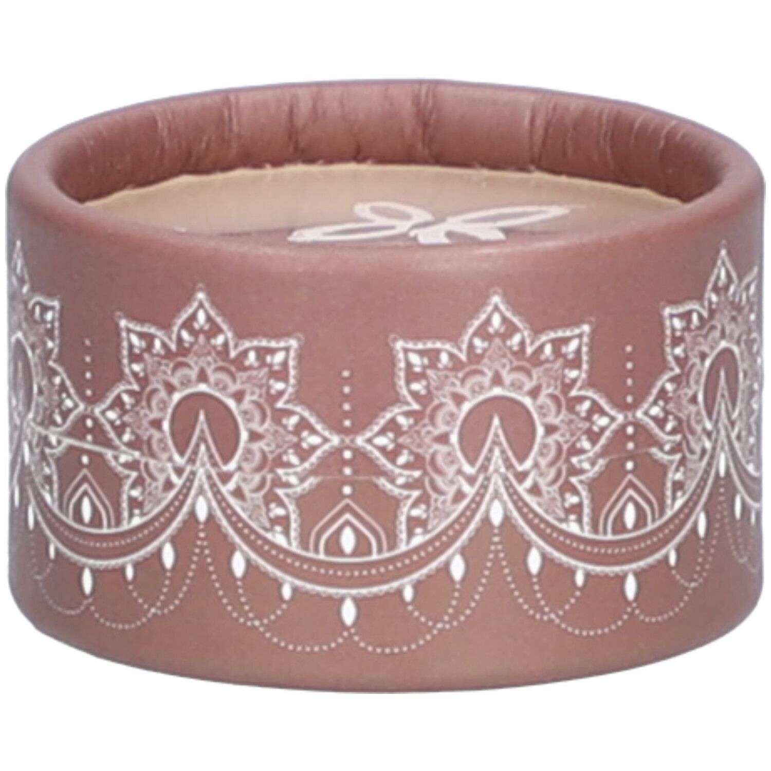 Contenant rond brun avec motif floral blanc. Logo blanc sur le couvercle. Emballage cosmétique.