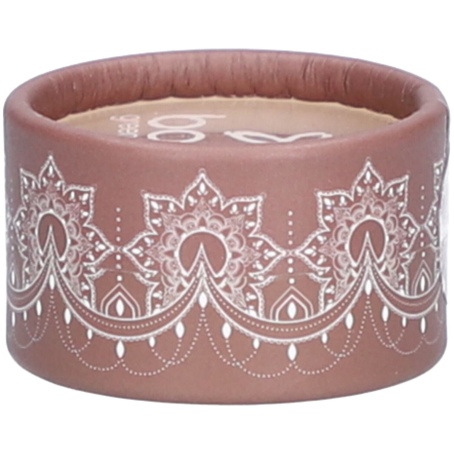 Contenant rond brun avec motif floral blanc. Logo blanc sur le couvercle. Emballage cosmétique.