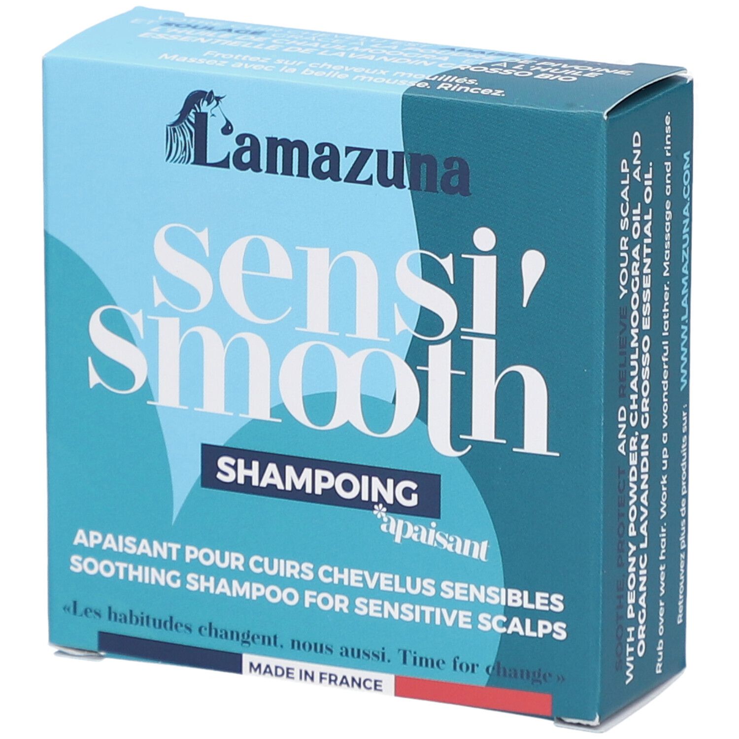 Boîte bleue avec logo "Lamazuna" et texte "sensi' smooth". Inscription "Shampoing apaisant" visible.