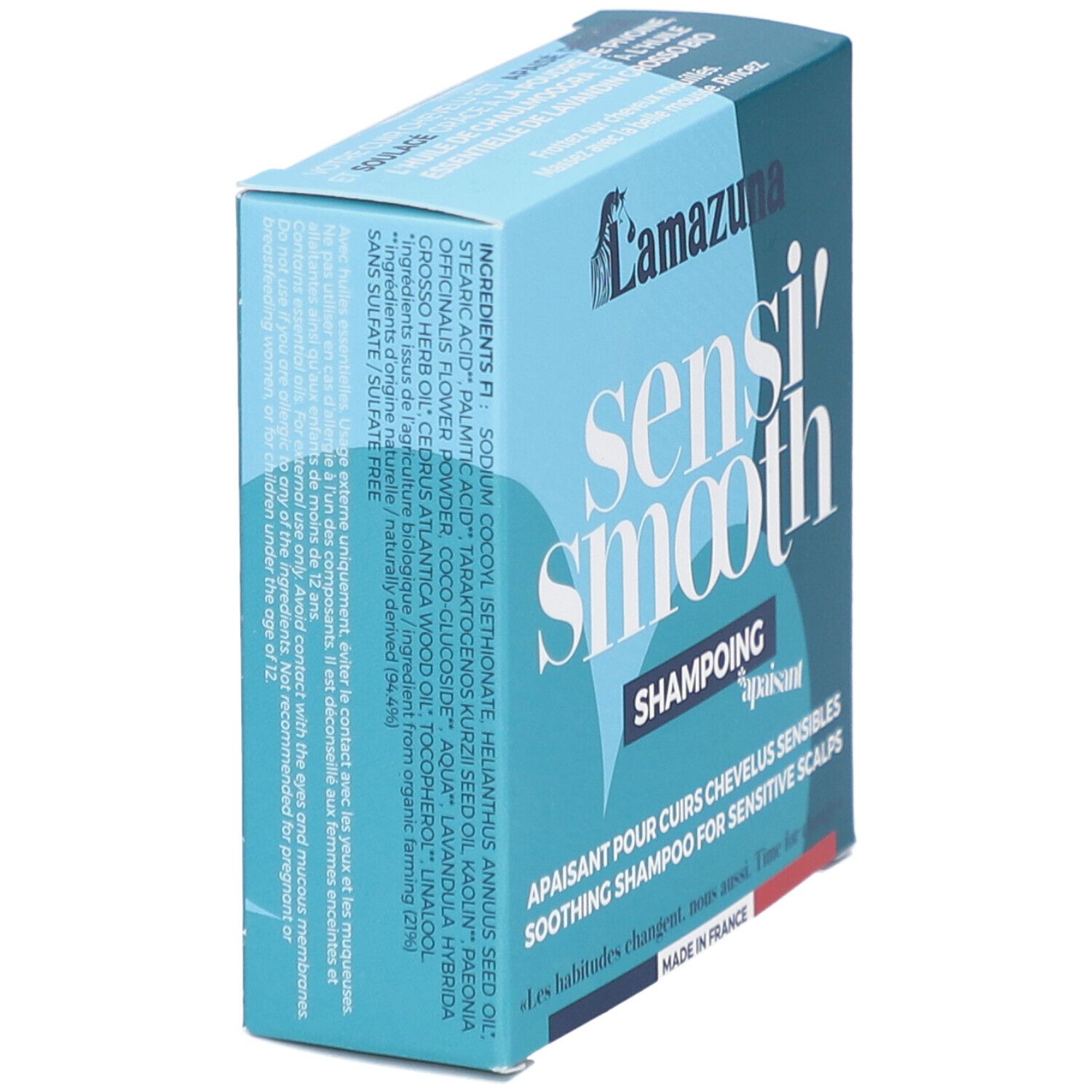 Boîte avec ingrédients et logo "Lamazuna". Texte "sensi' smooth" et "Shampoing" visibles.