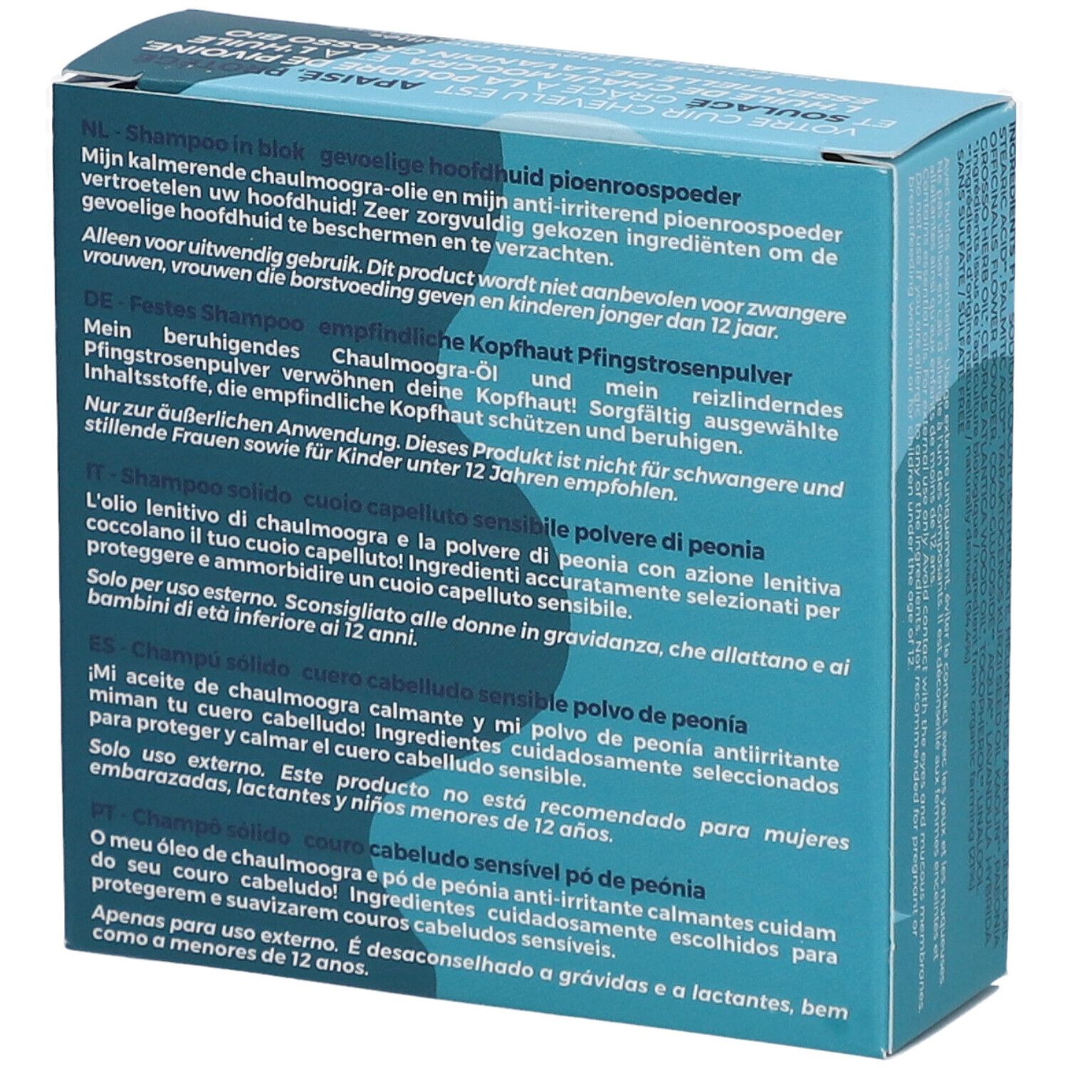 Dos de l'emballage avec texte multilingue. Informations produit et avertissements.