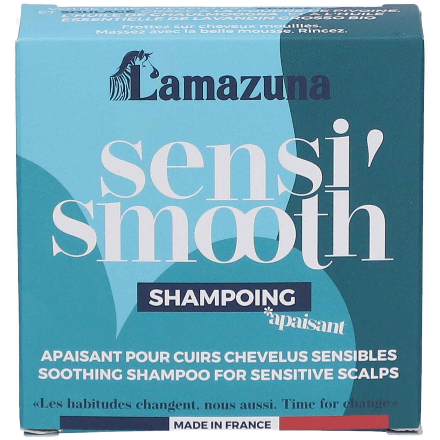 Boîte bleue avec logo "Lamazuna" et texte "sensi' smooth". Inscription "Shampoing apaisant" visible.