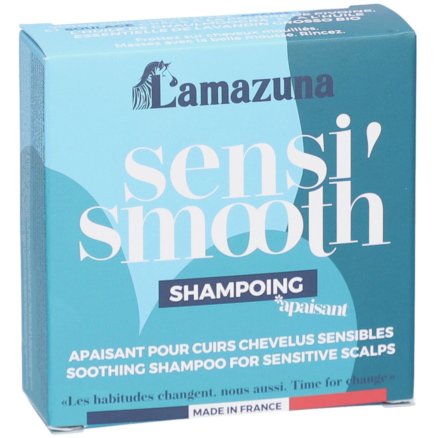 Boîte bleue avec logo "Lamazuna" et texte "sensi' smooth". Inscription "Shampoing apaisant" visible.