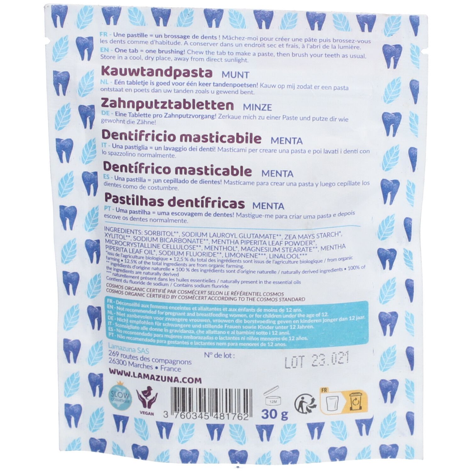 Dos du sachet. Texte multilingue. Ingrédients et certification. Logo Lamazuna. Poids : 30 g.
