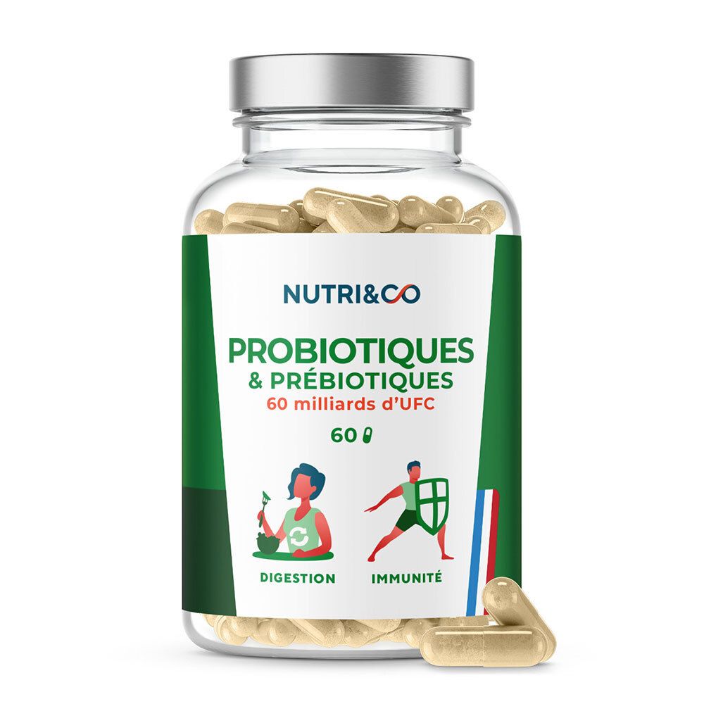 Flacon transparent avec gélules. Étiquette NUTRI&CO, Probiotiques & Prébiotiques, 60 milliards d'UFC. Illustrations : Digestion, Immunité.