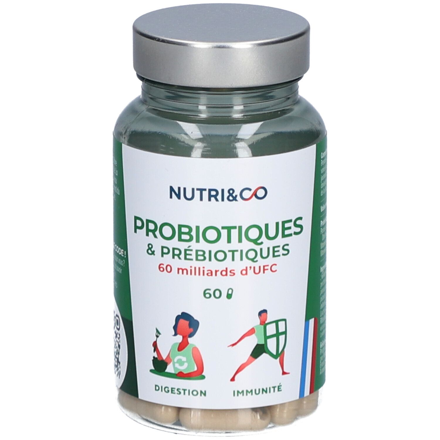 Flacon avec gélules. Étiquette NUTRI&CO, Probiotiques & Prébiotiques, 60 milliards UFC. Illustrations : Digestion, Immunité.