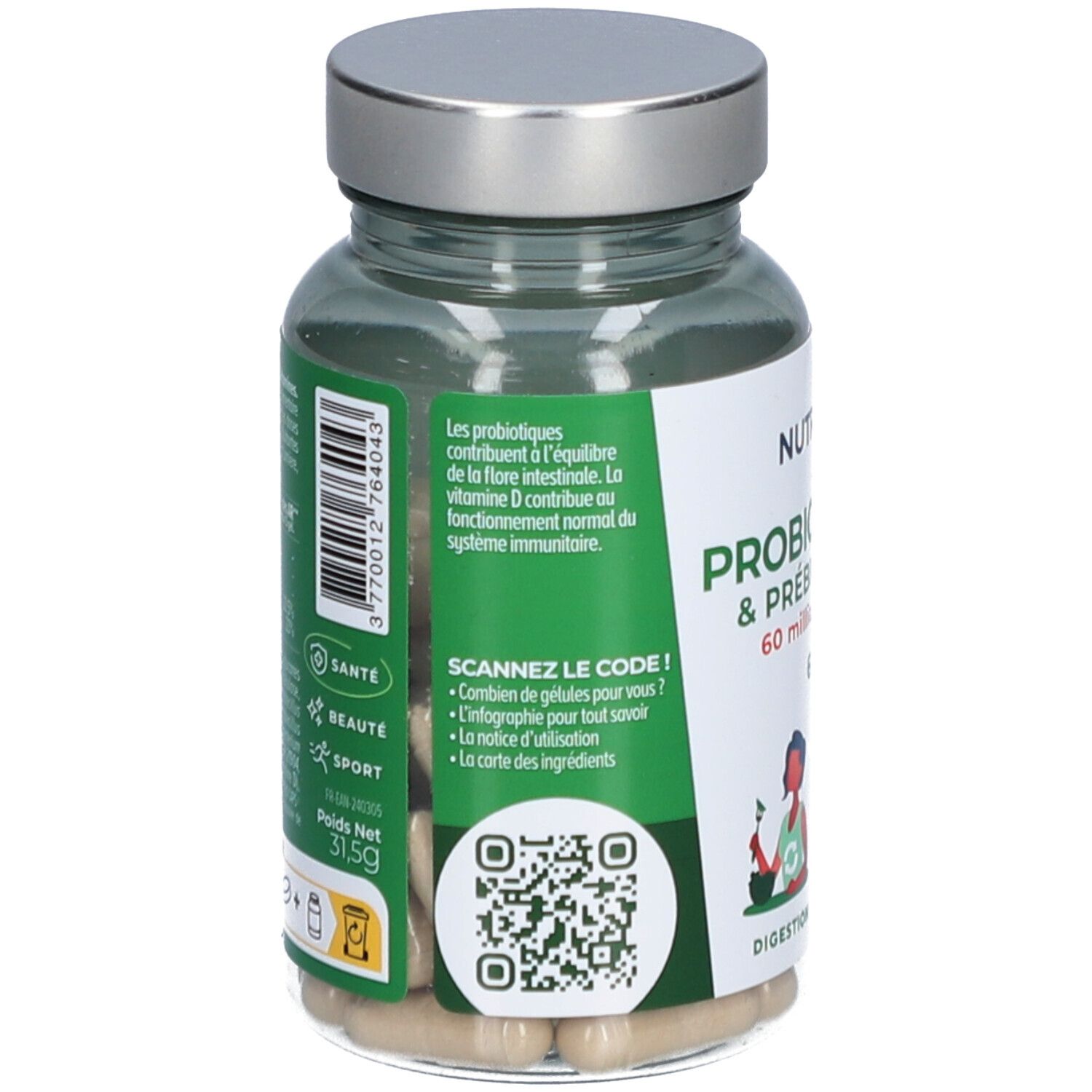 Dos du flacon avec gélules. Étiquette NUTRI&CO, Probiotiques & Prébiotiques, 60 milliards UFC. Code QR. Informations ingrédients.