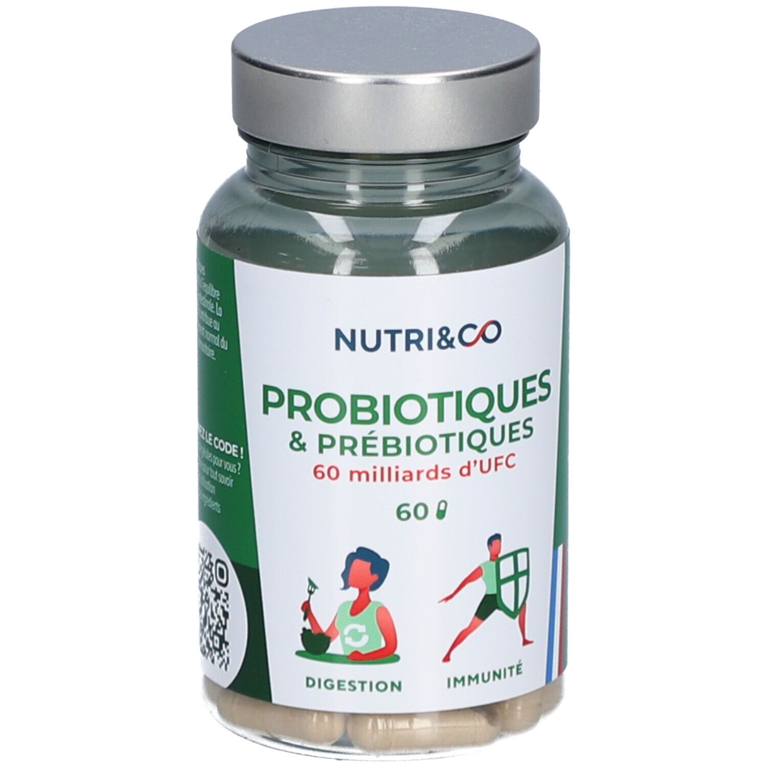 Flacon avec gélules. Étiquette NUTRI&CO, Probiotiques & Prébiotiques, 60 milliards UFC. Illustrations : Digestion, Immunité.