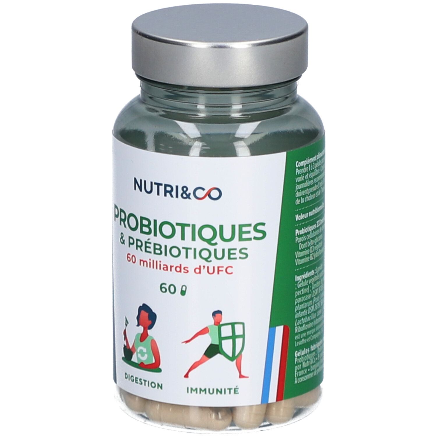 Flacon avec gélules. Étiquette NUTRI&CO, Probiotiques & Prébiotiques, 60 milliards UFC. Illustrations : Digestion, Immunité.