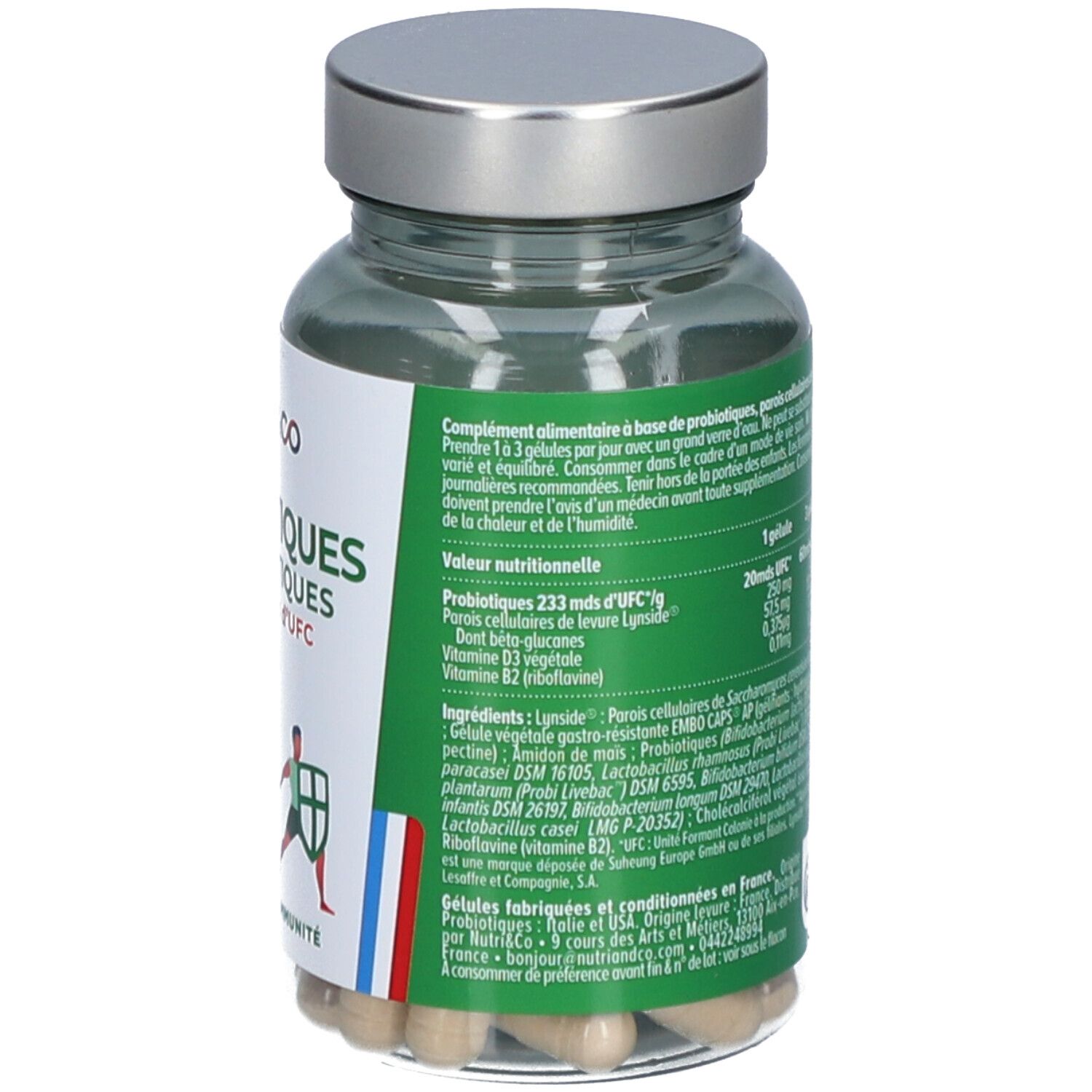 Dos du flacon avec gélules. Étiquette NUTRI&CO, Probiotiques & Prébiotiques, 60 milliards UFC. Informations ingrédients.