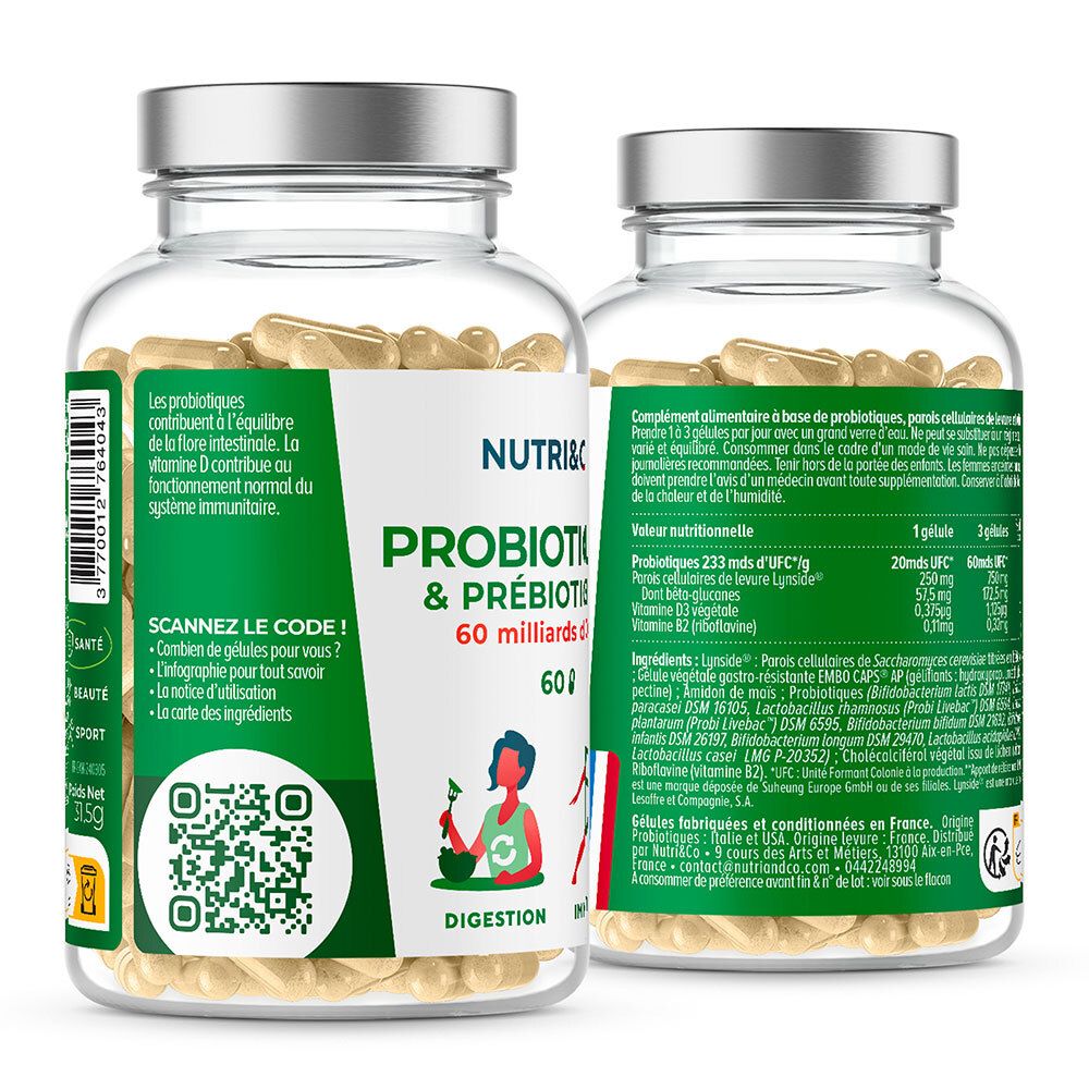 Dos du flacon avec gélules. Étiquette NUTRI&CO, Probiotiques & Prébiotiques, 60 milliards UFC. Code QR. Informations ingrédients.