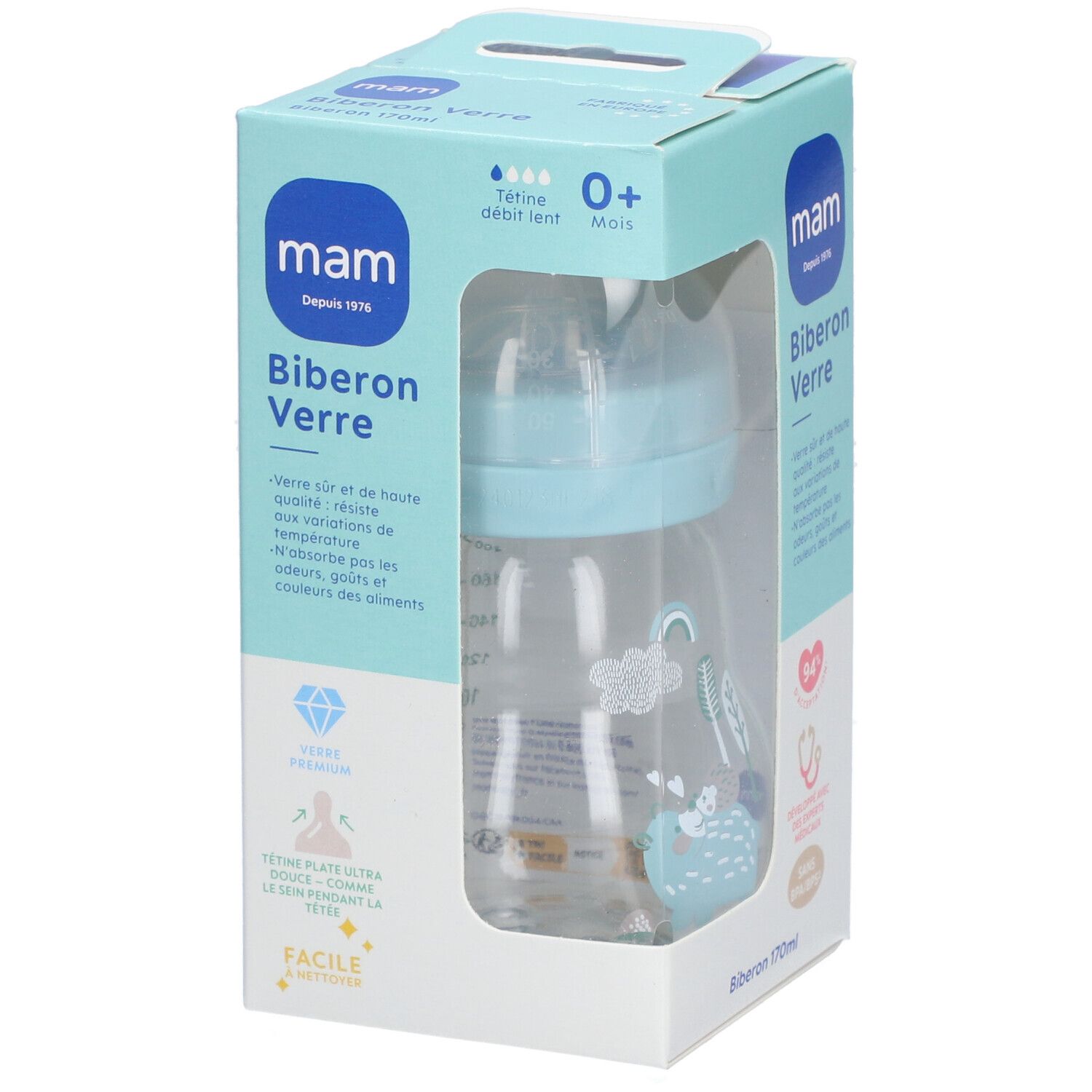 Biberon MAM Verre 0+ mois dans son emballage. Col bleu clair, biberon transparent avec décor bleu. Logos et texte visibles.