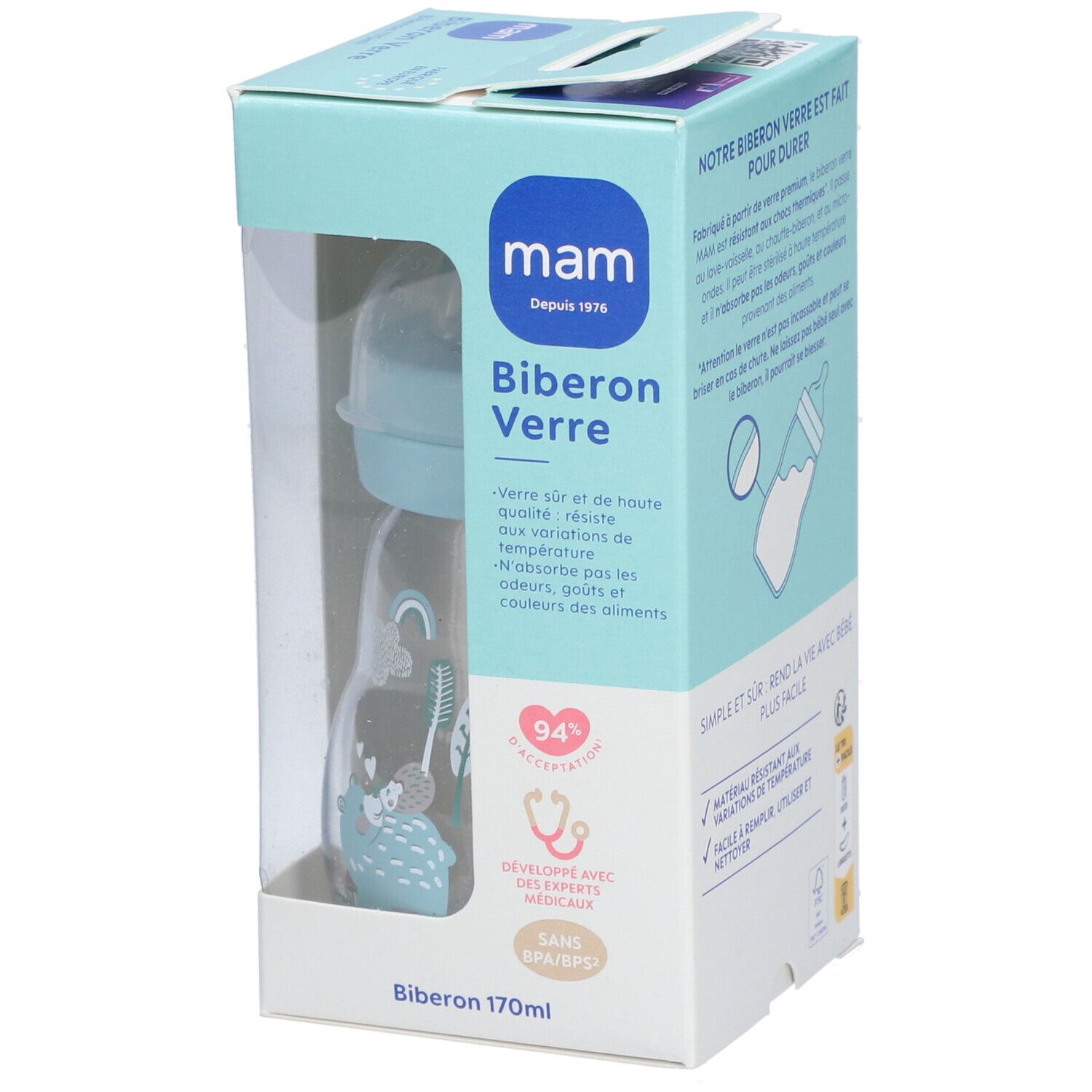 Biberon MAM Verre 0+ mois dans son emballage. Col bleu clair, biberon transparent avec décor bleu. Logos et texte visibles.