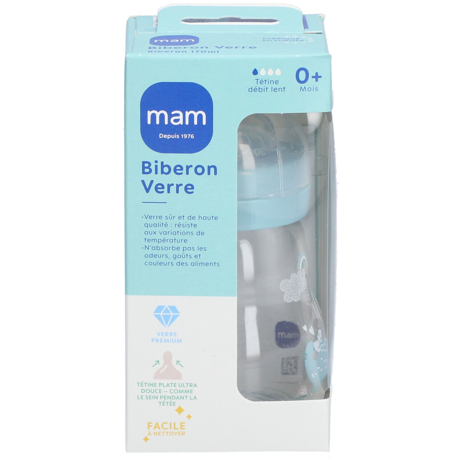 Biberon MAM Verre 0+ mois dans son emballage. Col bleu clair, biberon transparent avec décor bleu. Logos et texte visibles.