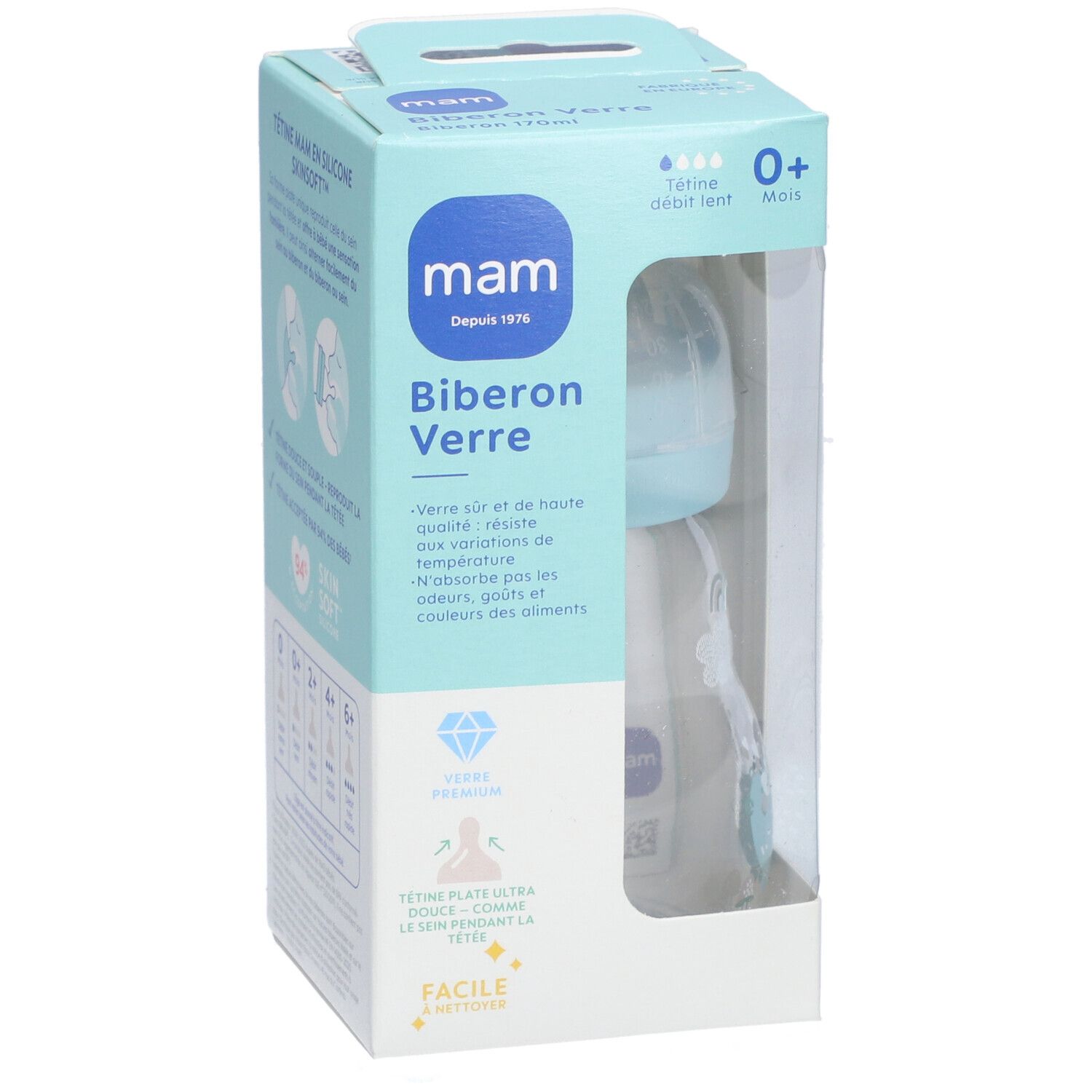 Biberon MAM Verre 0+ mois dans son emballage. Col bleu clair, biberon transparent avec décor bleu. Logos et texte visibles.