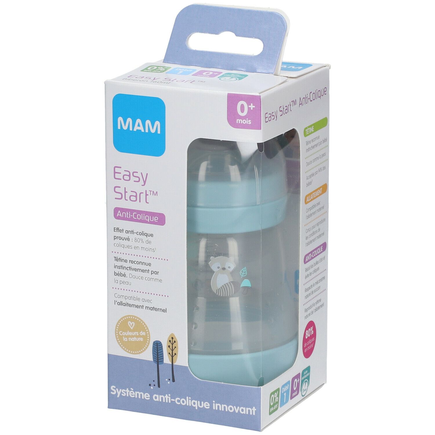 Biberon MAM Easy Start Anti-Colique dans son emballage. Biberon bleu clair avec échelle graduée et motif. Informations produit sur l'emballage.