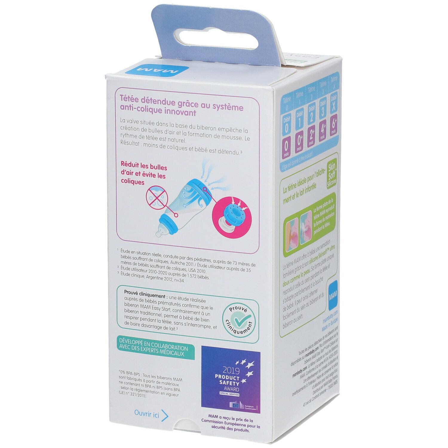 Dos de l'emballage du biberon MAM Easy Start Anti-Colique. Texte et graphiques présentent les caractéristiques et certifications du produit.